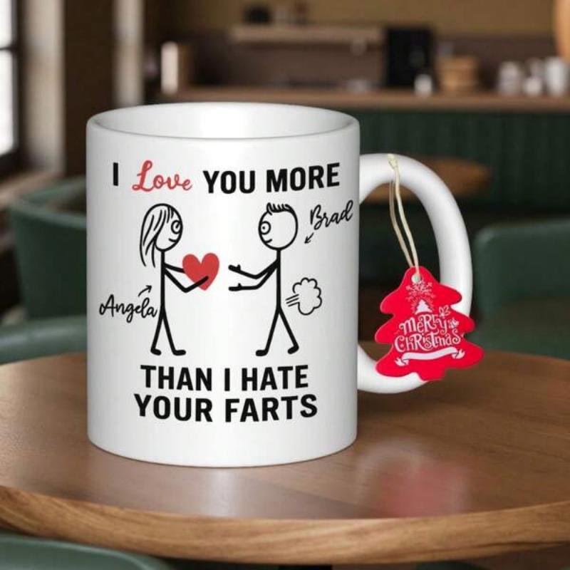 Tailorly White Ceramic 11 oz Mug - I Love You More Than I Hate Your Farts Minimalist Hand Drawn Couple Sharing Heart Near Small Fart Cloud Figure