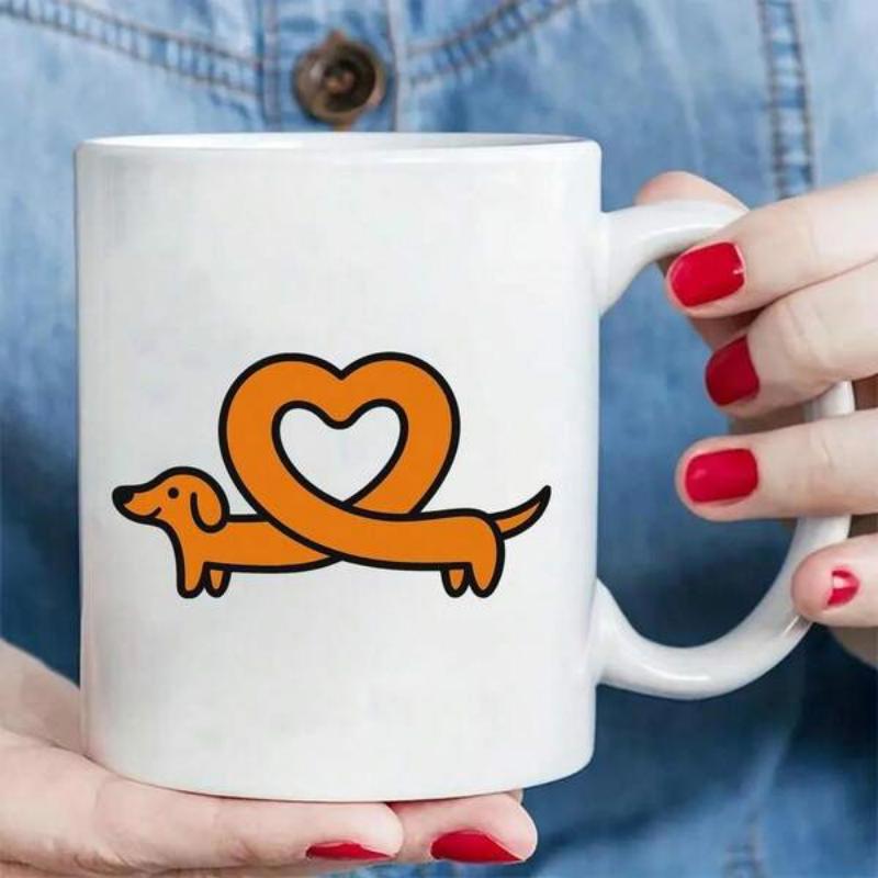 Tailorly White Ceramic 11 oz Mug - Minimalist Orange Cartoon Sausage Dog Twisted Into A Heart Dachshund