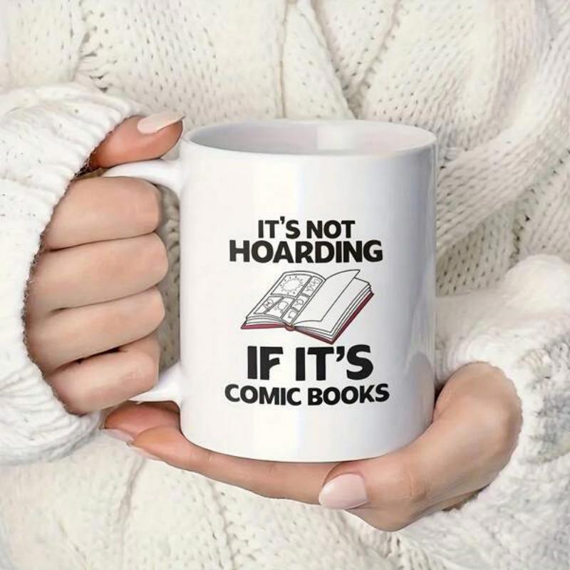 Tailorly White Ceramic 11 oz Mug - Its Not Hoarding If Its Comic Books Minimalist Black Line Drawing Of An Open Stacked Pages Illustrated Comic Book