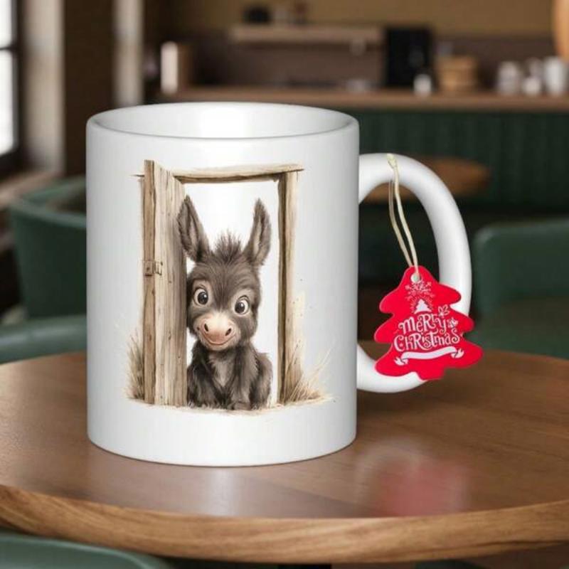 Tailorly White Ceramic 11 oz Mug - Merry Christmas Cute Brown Baby Animal Peeking Through A Rustic Wooden Door Donkey