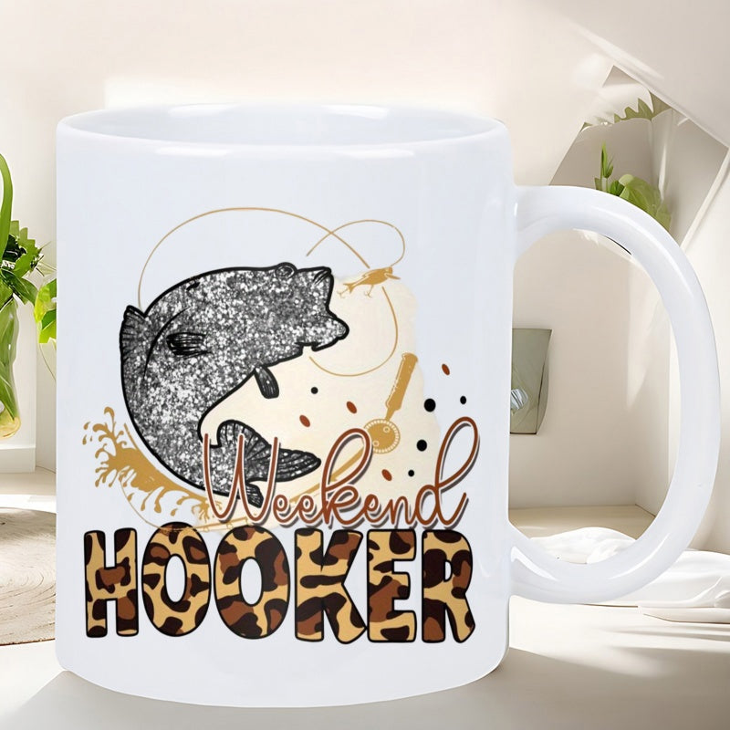 Tailorly White Ceramic 11 oz Mug - Weekend Hooker Leaping From Splashing Water With Artistic Leopard Texture Pattern Details Fish