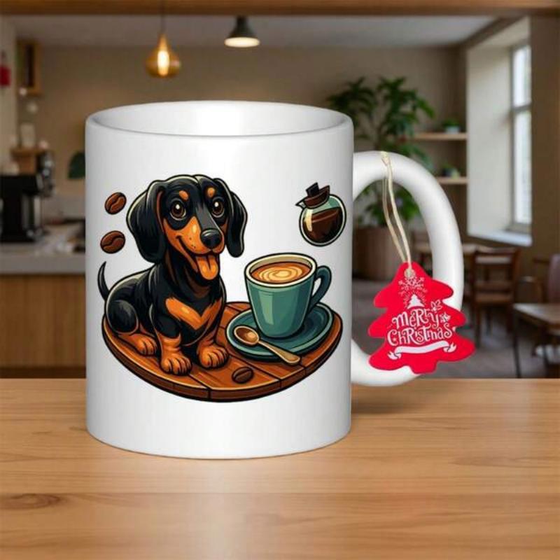 Tailorly White Ceramic 11 oz Mug - Merry Christmas Cute Cartoon Black And Tan Dog Enjoying Steaming Hot Morning Coffee Dachshund