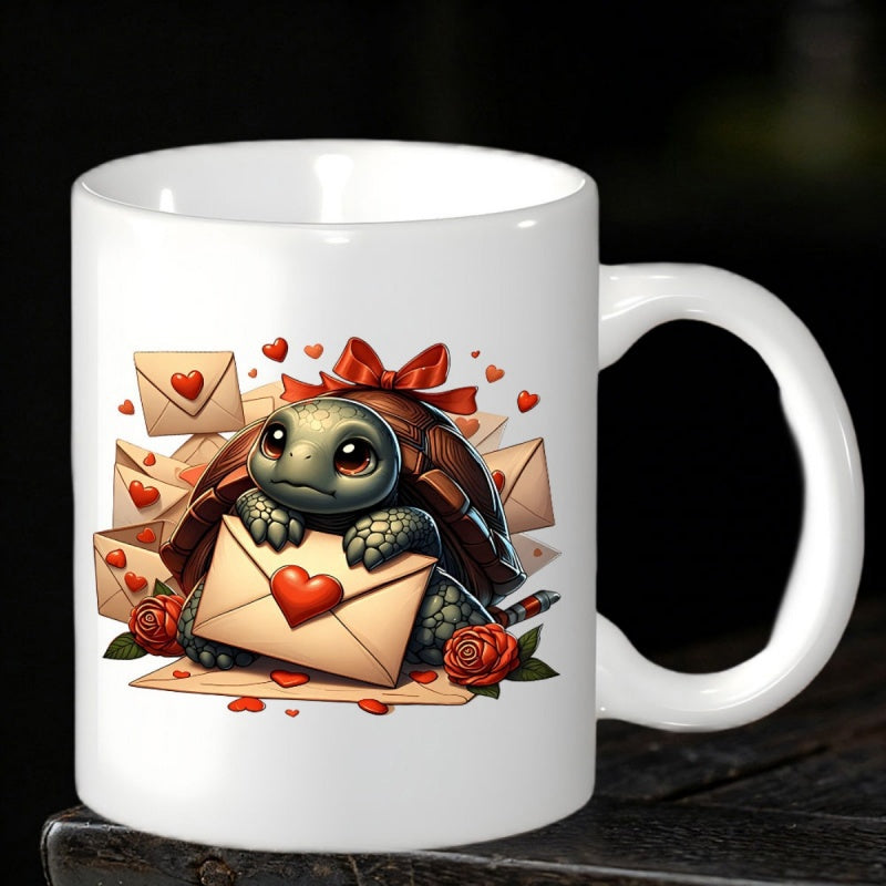 Tailorly White Ceramic 11 oz Mug - Adorable Cartoon Creature Holding Envelope Surrounded By Floating Hearts Turtle