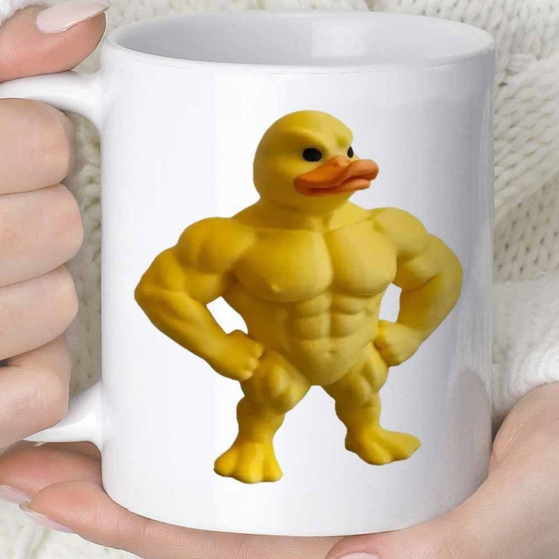 Tailorly White Ceramic 11 oz Mug - Strong Muscular Yellow Bodybuilder Rubber Duck Standing With Hands On Hips Duck