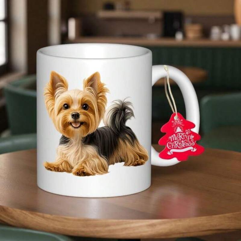 Tailorly White Ceramic 11 oz Mug - Merry Christmas Adorable Fluffy Fur Small Puppy With Playful Ears And Bright Eyes Yorkshire Terrier