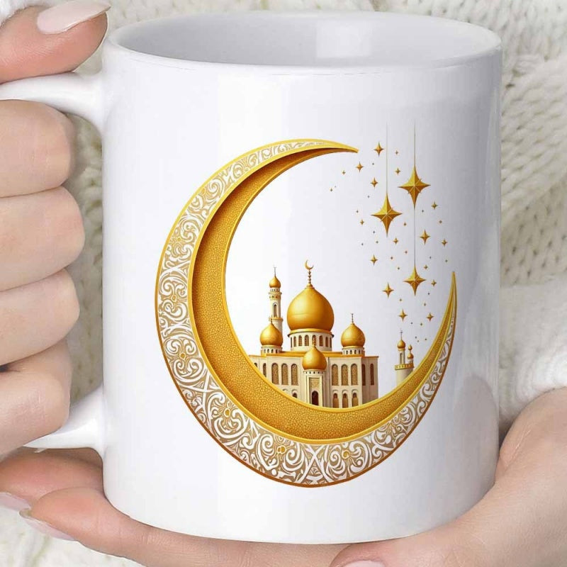 Tailorly White Ceramic 11 oz Mug - Golden Filigree Crescent Moon Featuring Elegant Mosque Among Hanging Stars Crescent