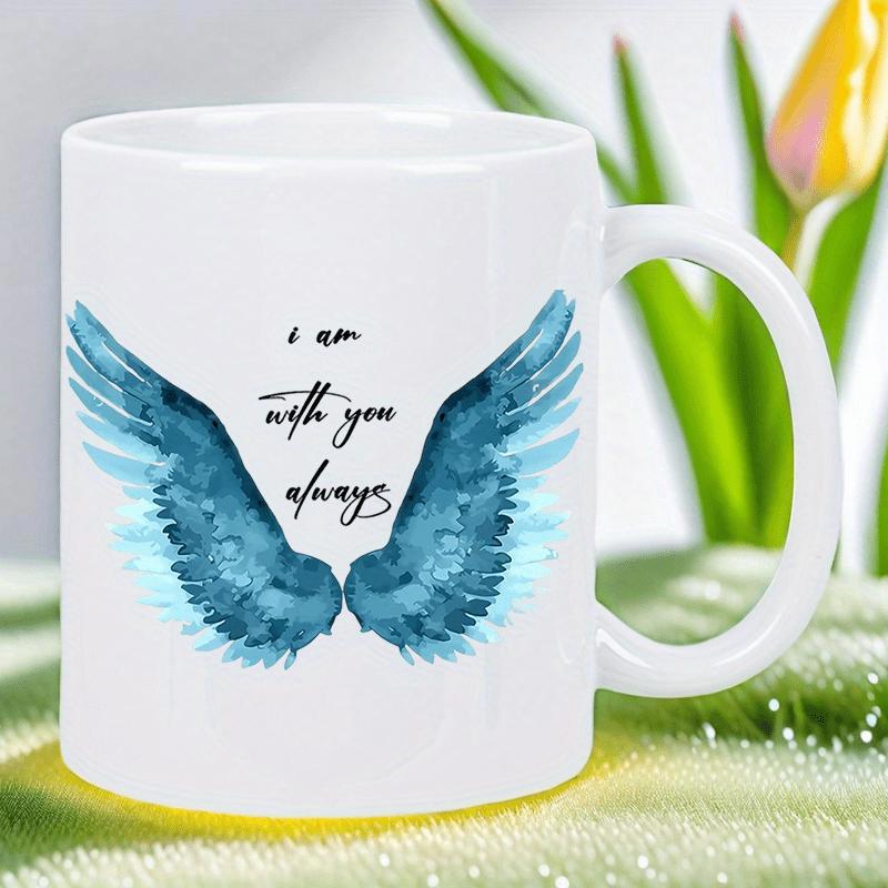 Tailorly White Ceramic 11 oz Mug - I Am With You Always Symmetrical Blue Watercolor Feathers Extended In A Heavenly Display Wings