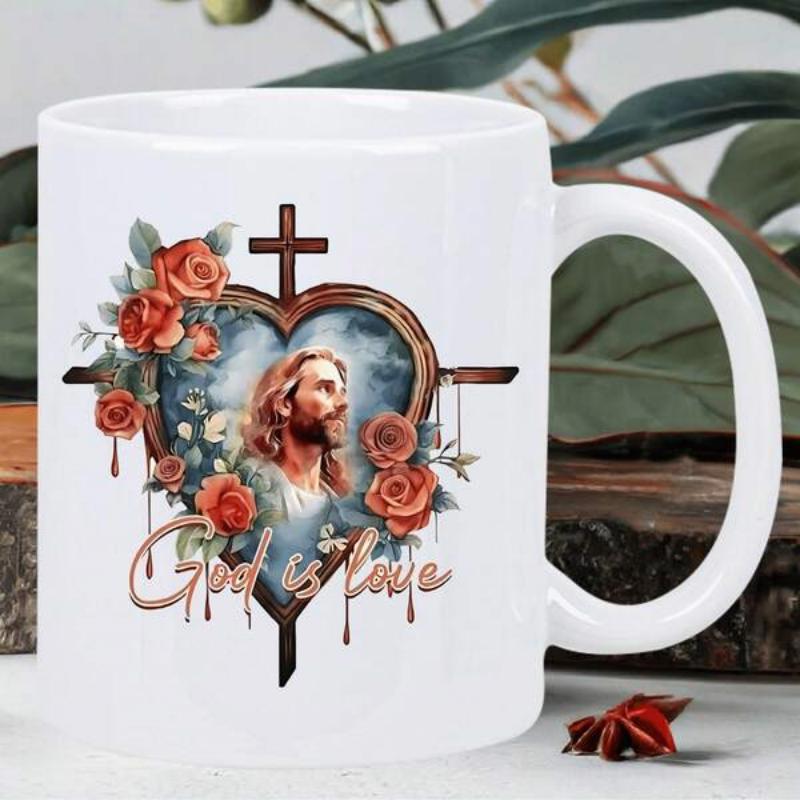 Tailorly White Ceramic 11 oz Mug - God Is Love Sacred Heart With Jesus Surrounded By Vibrant Red Roses Among Cross