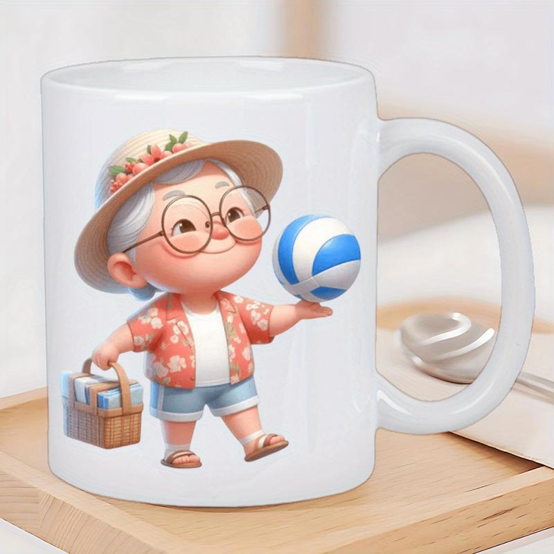 Tailorly White Ceramic 11 oz Mug - Smiling Elderly Woman Wearing Sun Hat Holding Picnic Basket And Ball Grandmother