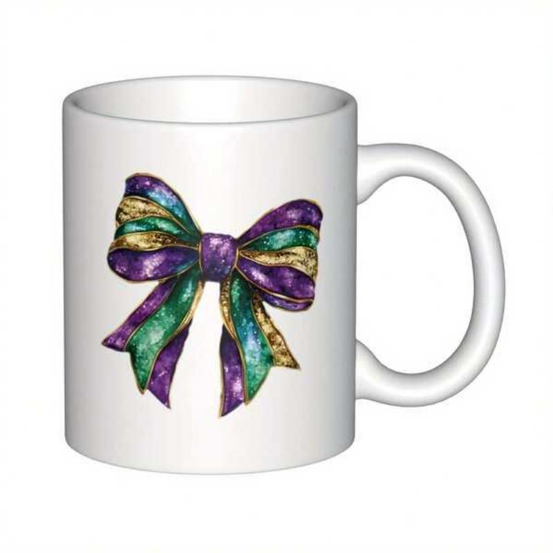 Tailorly White Ceramic 11 oz Mug - Glittering Purple Green And Gold Textured Ribbon Tied In A Beautiful Decorative Bow