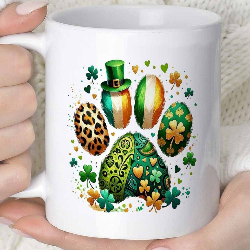 Tailorly White Ceramic 11 oz Mug - Festive Irish Pattern Featuring Green Shamrocks And Leopard Print Textured Paw Print