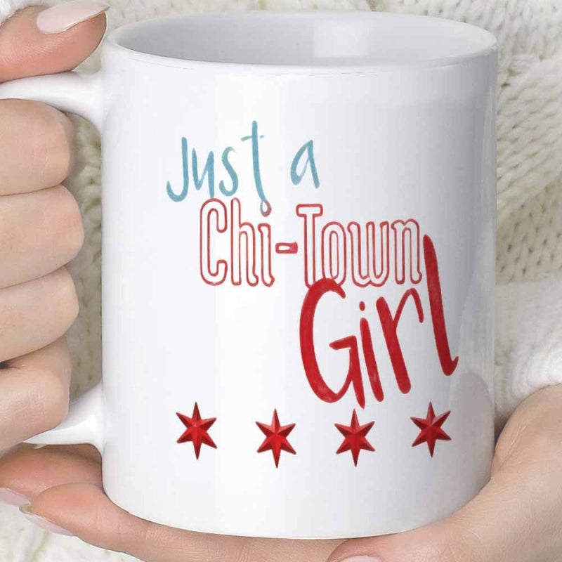 Tailorly White Ceramic 11 oz Mug - Just A Chi Town Girl Four Red Six Pointed Stars Arranged Horizontally Across A
