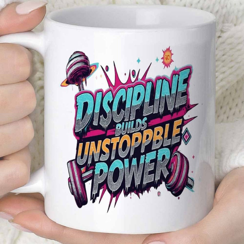 Tailorly White Ceramic 11 oz Mug - Discipline Builds Unstoppble Power Vibrant Splatter Effects With Galactic Saturn Planet And Heavy Weightlifting Barbell
