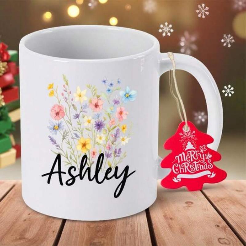 Tailorly White Ceramic 11 oz Mug - Ashley Vibrant Watercolor Meadow With Delicate Blooming Petals And Colorful Wildflower