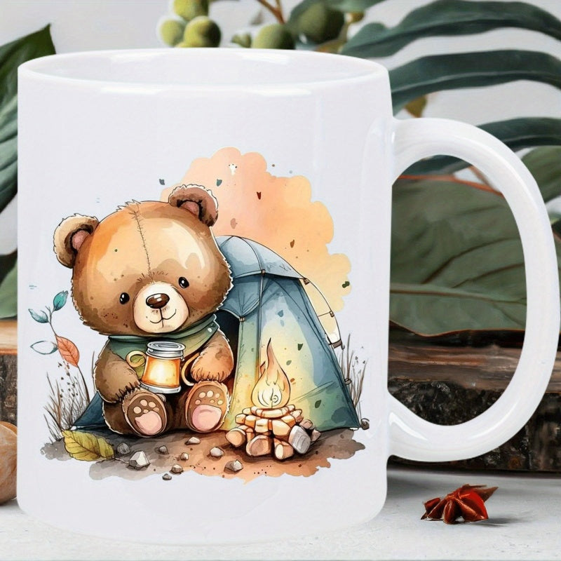 Tailorly White Ceramic 11 oz Mug - Cute Watercolor Brown Bear Sitting Near Blue Tent And Warm Glowing Campfire Bear