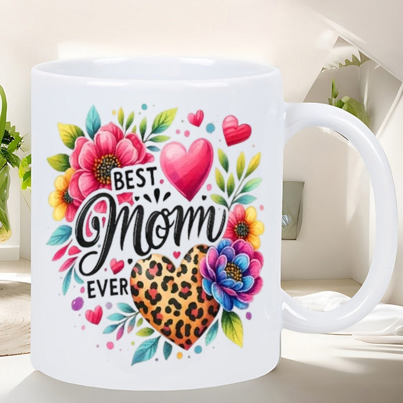 Tailorly White Ceramic 11 oz Mug - Best Mom Ever Vibrant Flowers With Leopard Print Heart And Colorful Blooming Petals Heart