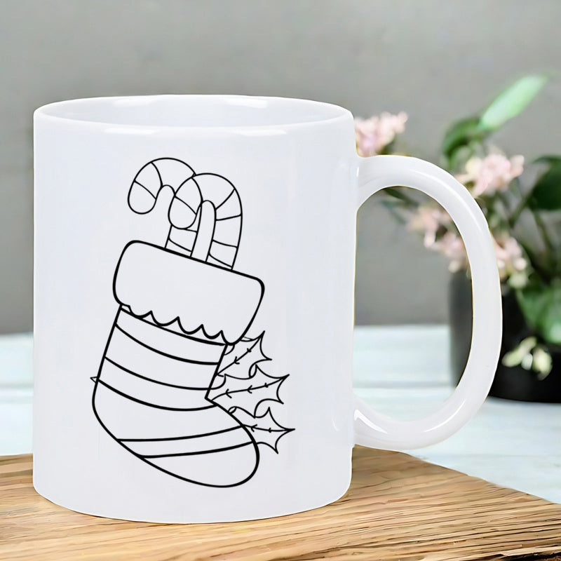 Tailorly White Ceramic 11 oz Mug - Minimalist Black Outline Festive Christmas Holiday Decoration With Stripes And Holly Stocking