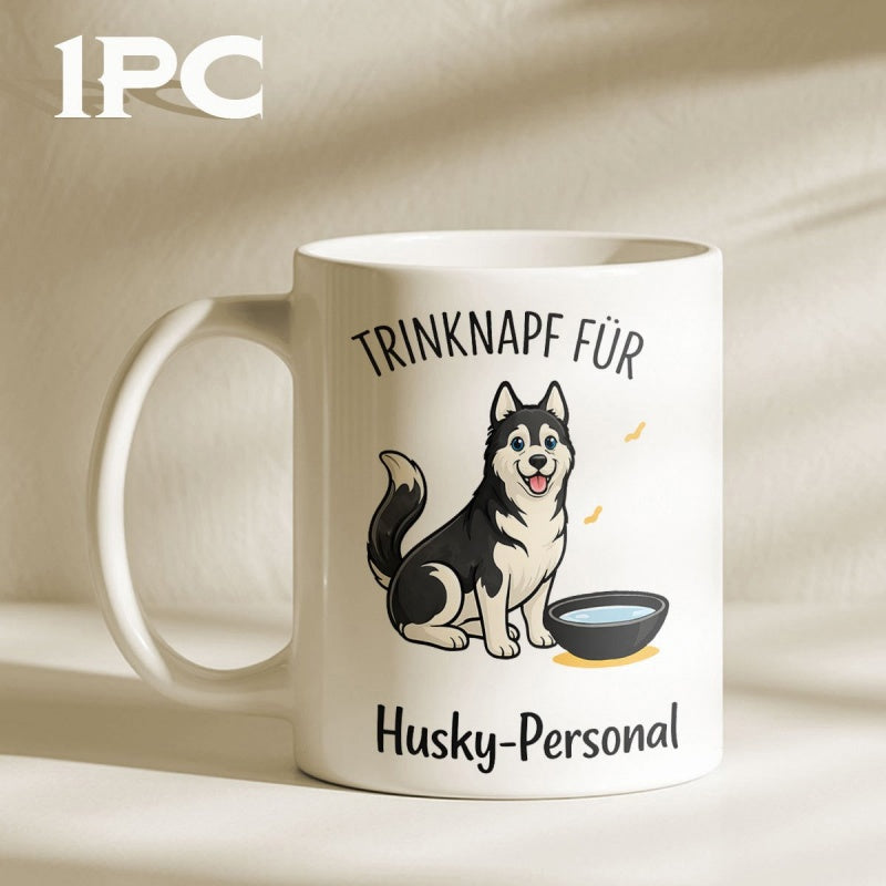 Tailorly White Ceramic 11 oz Mug - Husky Personal Adorable Black And White Cartoon Dog Sitting Beside Water Dish Husky