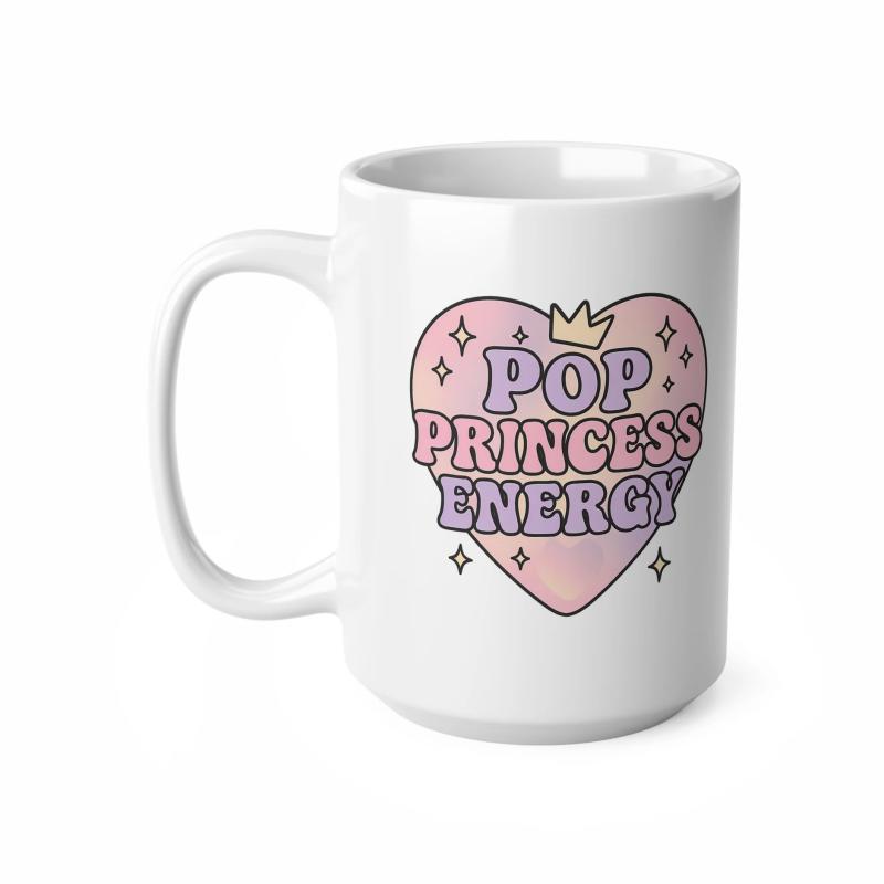 Tailorly White Ceramic 11 oz Mug - Pop Princess Energy Soft Pastel Gradient Heart With Sparkling Stars And Royal Crown Heart