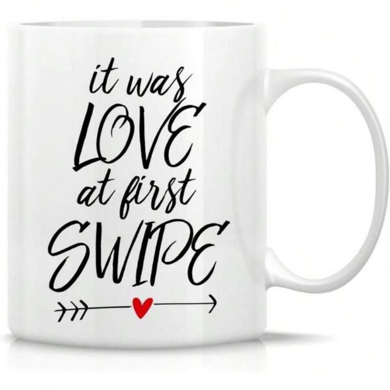 Tailorly White Ceramic 11 oz Mug - It Was Love At First Swipe Minimalist Typography Featuring A Romantic Arrow With Red Heart Mug