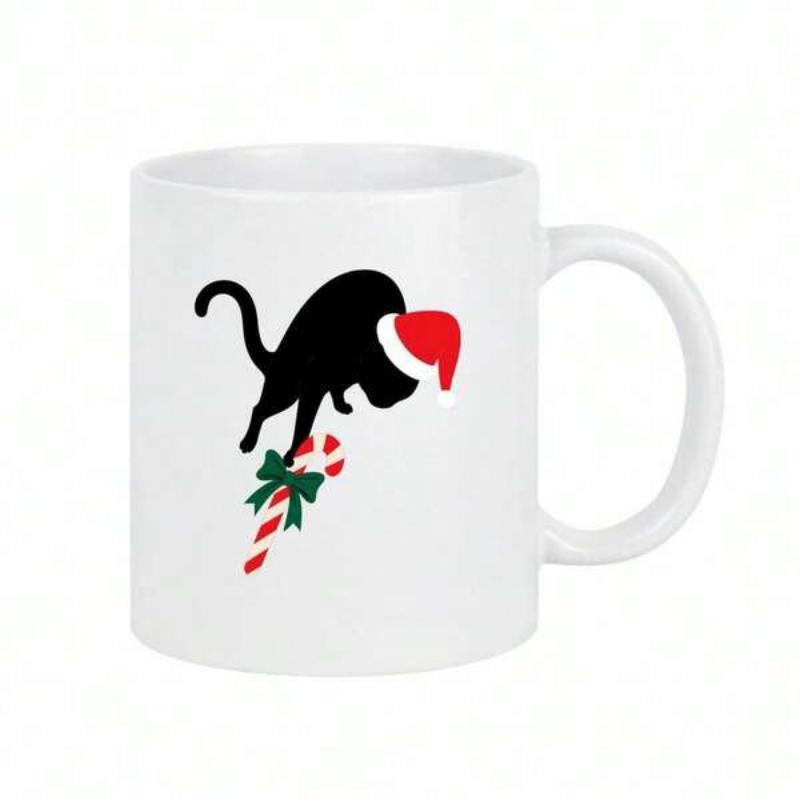 Tailorly White Ceramic 11 oz Mug - Playful Black Silhouette Wearing Santa Hat Balancing On A Candy Cane Cat