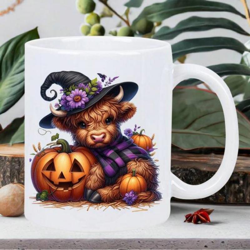 Tailorly White Ceramic 11 oz Mug - Adorable Fluffy Highland Cow Wearing Floral Witch Hat Resting Beside Halloween Pumpkins Cow