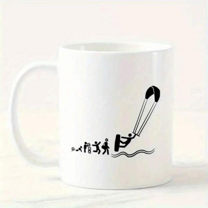 Tailorly White Ceramic 11 oz Mug - Human Evolution Silhouettes Transitioning Into A Dynamic Action Posed Kitesurfer