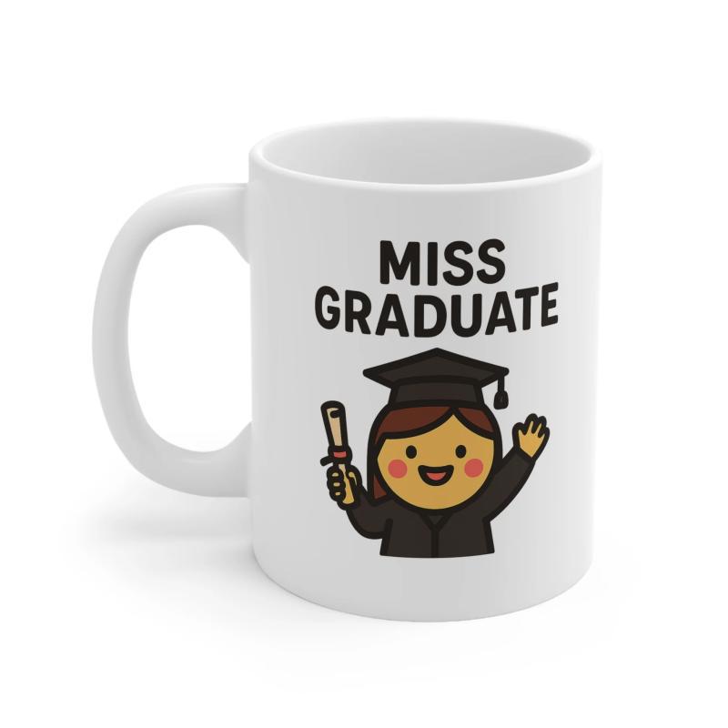 Tailorly White Ceramic 11 oz Mug - Miss Graduate Smiling Young Girl Wearing Mortarboard Holding A Diploma During Graduation Graduate