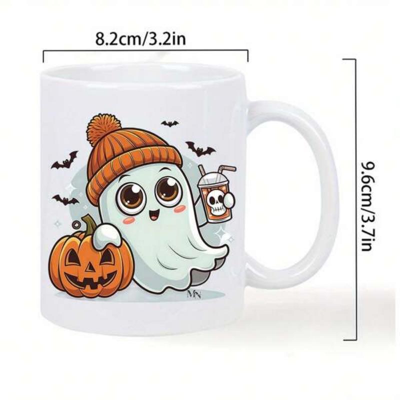 Tailorly White Ceramic 11 oz Mug - Adorable Halloween Spirit Wearing Knitted Beanie Holding Drink Beside Carved Pumpkin Ghost
