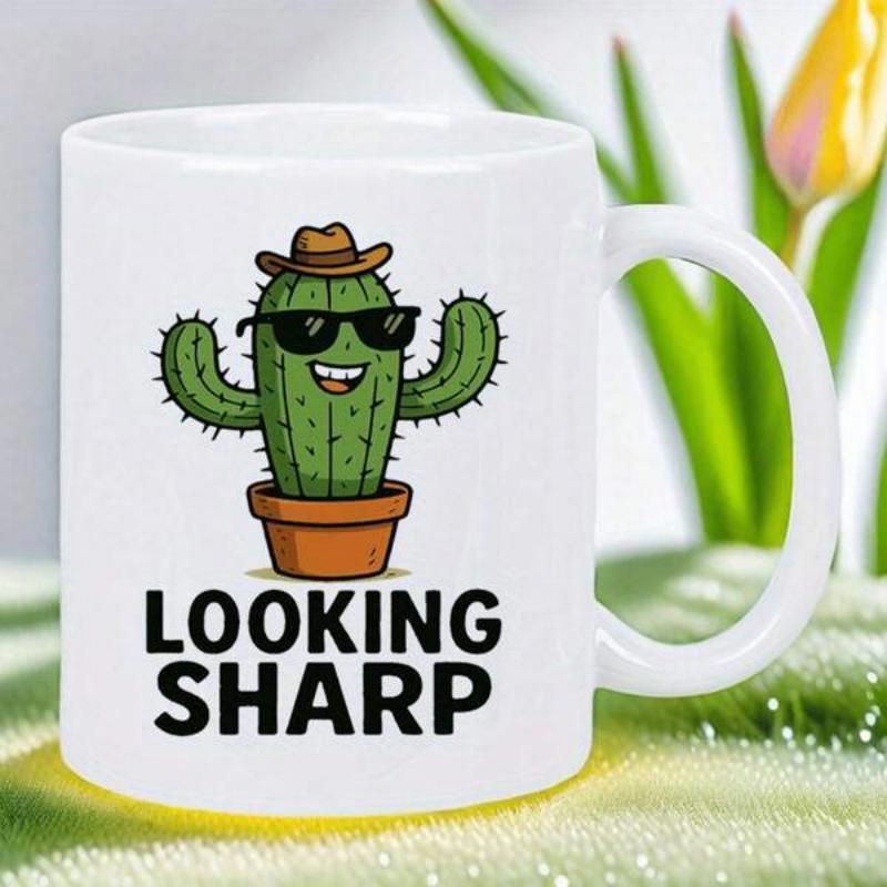 Tailorly White Ceramic 11 oz Mug - Looking Sharp Cartoon Saguaro Character Wearing Cool Sunglasses And A Brown Cowboy Hat Cactus