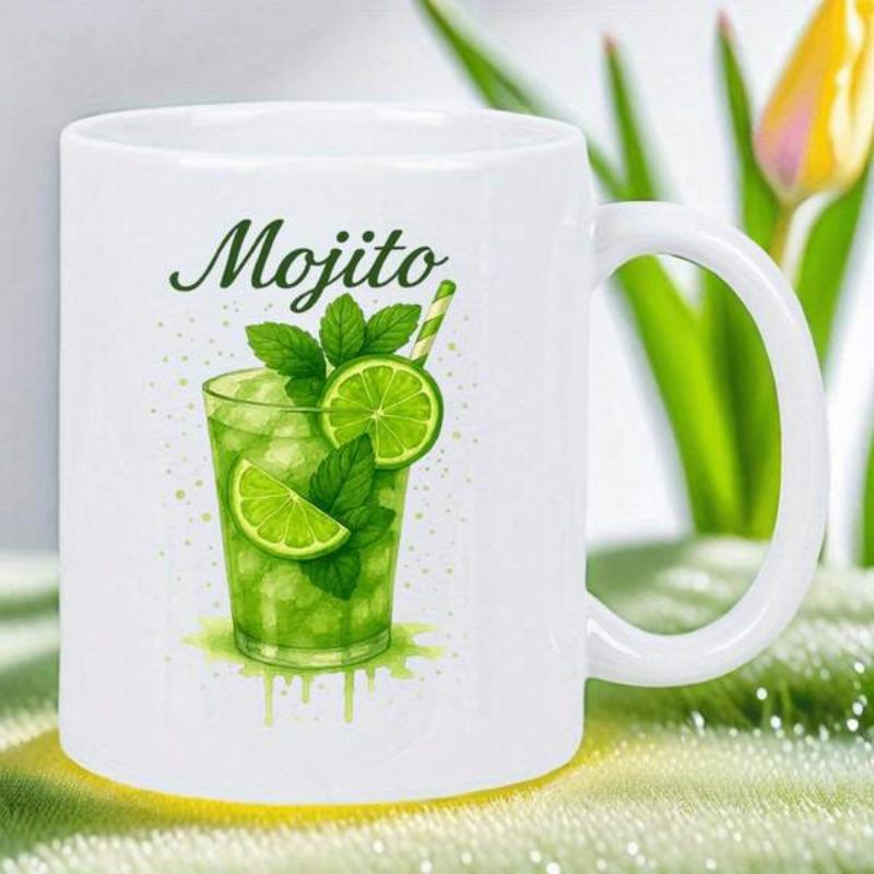 Tailorly White Ceramic 11 oz Mug - Mojito Refreshing Glass With Green Lime Slices And Fresh Mint Leaves Drink
