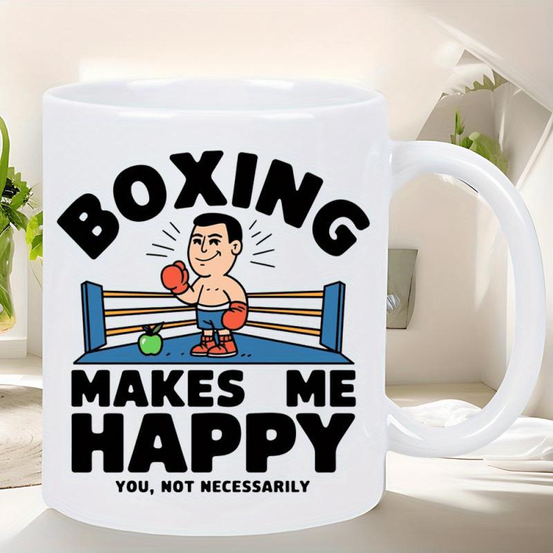Tailorly White Ceramic 11 oz Mug - Boxing Makes Me Happy You Not Necessarily Determined Cartoon Figure Wearing Red Gloves In Blue Boxing Ring Boxer