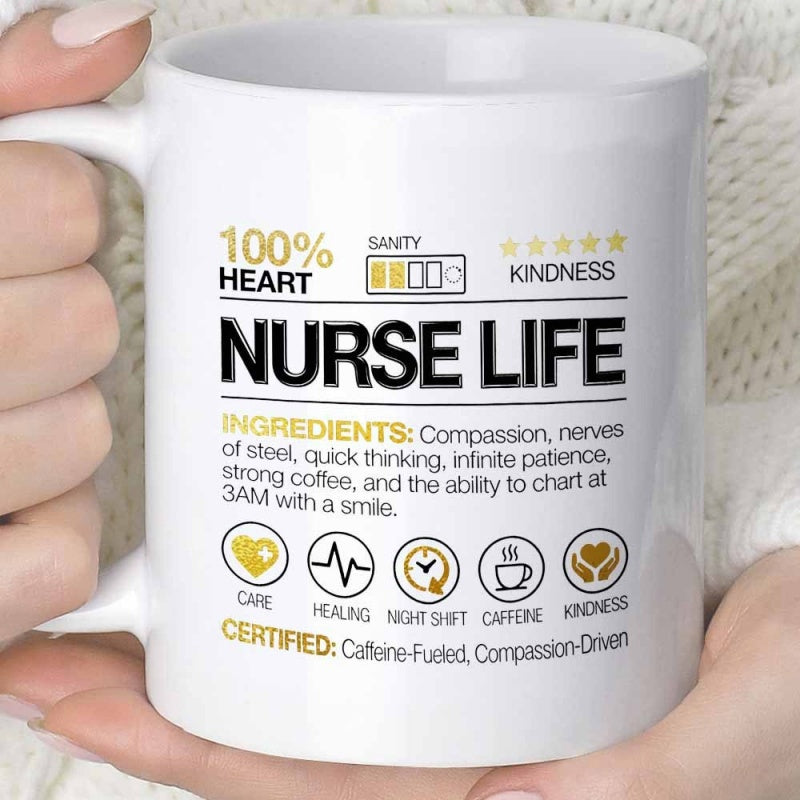 Tailorly White Ceramic 11 oz Mug - Nurse Life Heart Sanity Kindness Minimalist Medical Icons Featuring Bold Typography For Healthcare Workers Infographic