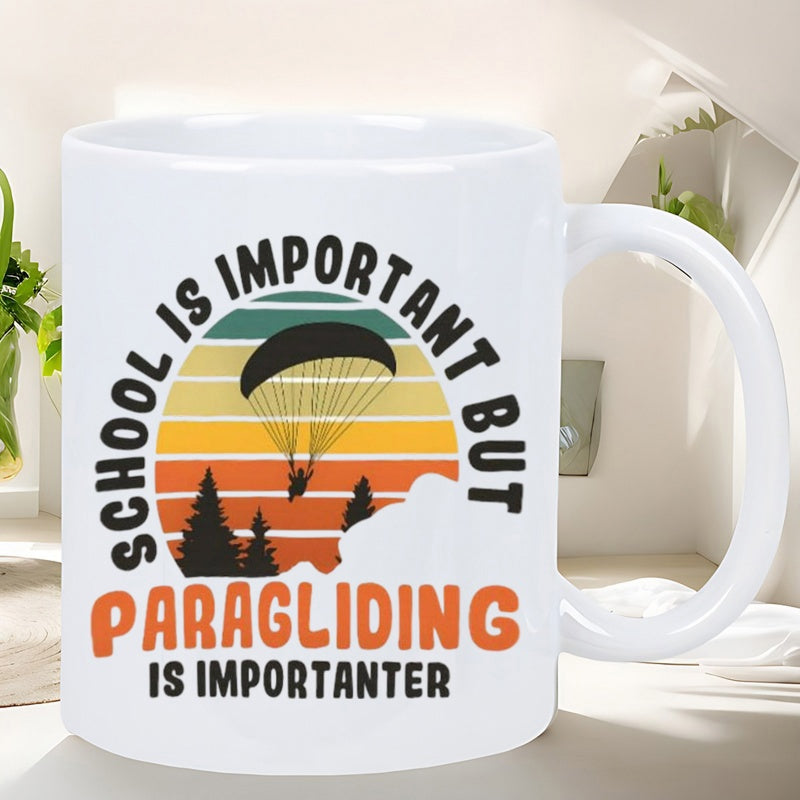 Tailorly White Ceramic 11 oz Mug - School Is Important But Paragliding Is Importanter Retro Sunset Silhouette Floating Above Dark Forest Trees With Graceful Glider