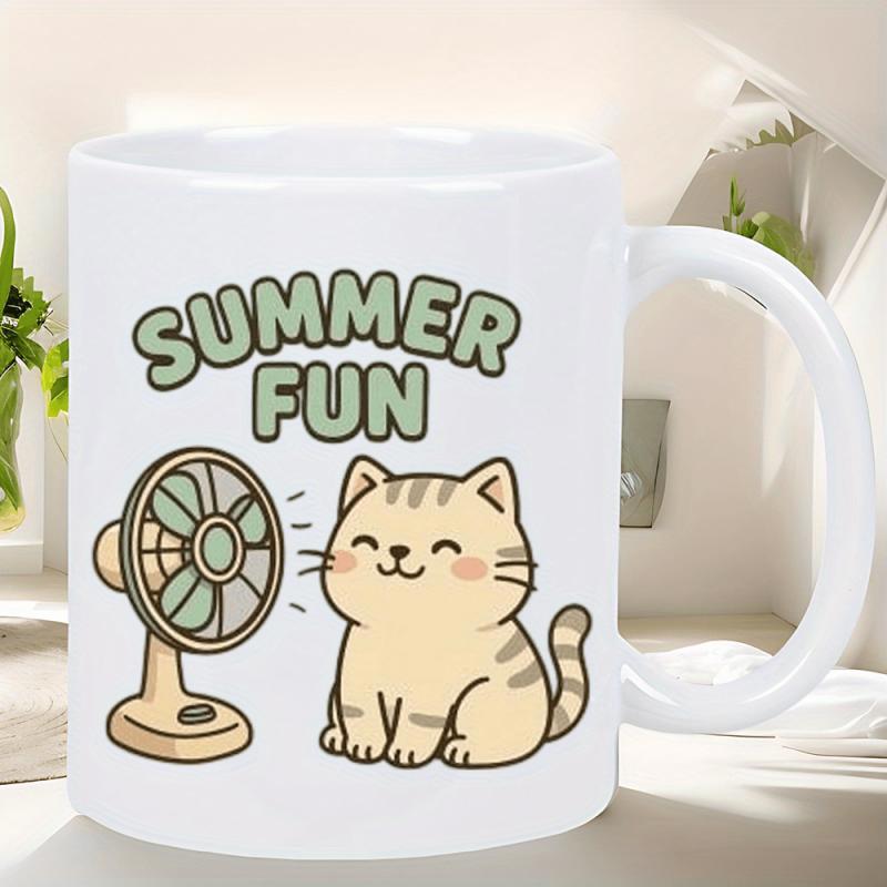 Tailorly White Ceramic 11 oz Mug - Summer Fun Adorable Smiling Tabby Cat Enjoying Cool Breeze From An Electric Fan Cat