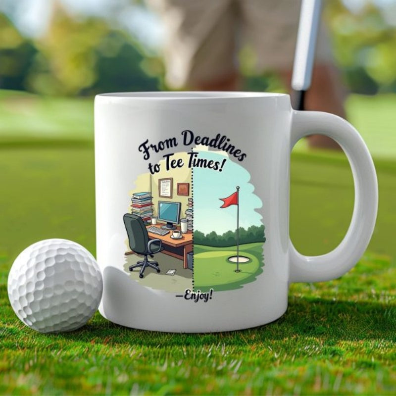 Tailorly White Ceramic 11 oz Mug - From Deadlines To Tee Times Enjoy Professional Office Workspace Transitioning Into Lush Green Fairway With Flag Mug