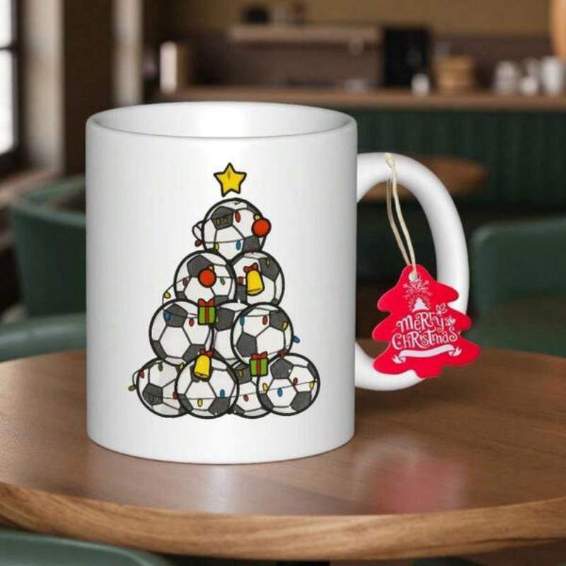 Tailorly White Ceramic 11 oz Mug - Merry Christmas Stacked Sport Gear Arranged Into A Creative Holiday Soccer Ball Tree