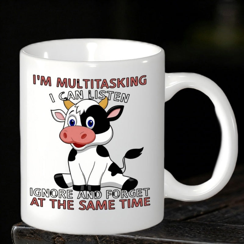 Tailorly White Ceramic 11 oz Mug - Im Multitasking I Can Listen Ignore And Forget At The Same Time Charming Spotted Calf Sitting Gracefully With A Friendly And