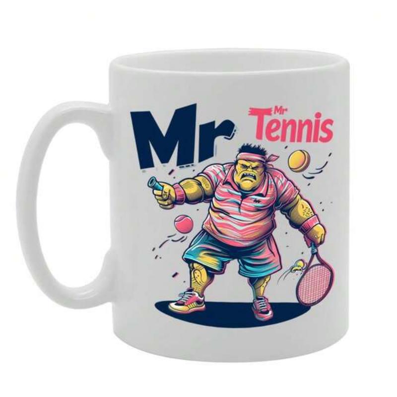 Tailorly White Ceramic 11 oz Mug - Mr Tennis Vibrant Stout Athlete Holding Pink Racket With Flying Yellow Ball Tennis Player