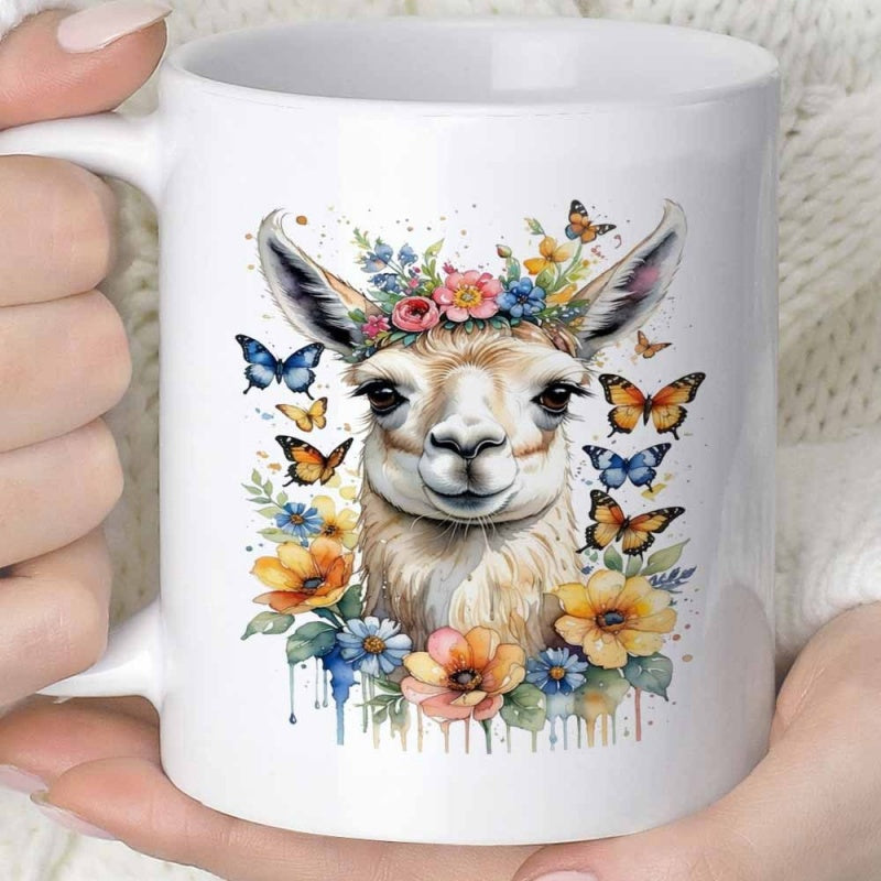 Tailorly White Ceramic 11 oz Mug - Vibrant Watercolor Illustration With Floral Crown And Fluttering Butterflies Alpaca