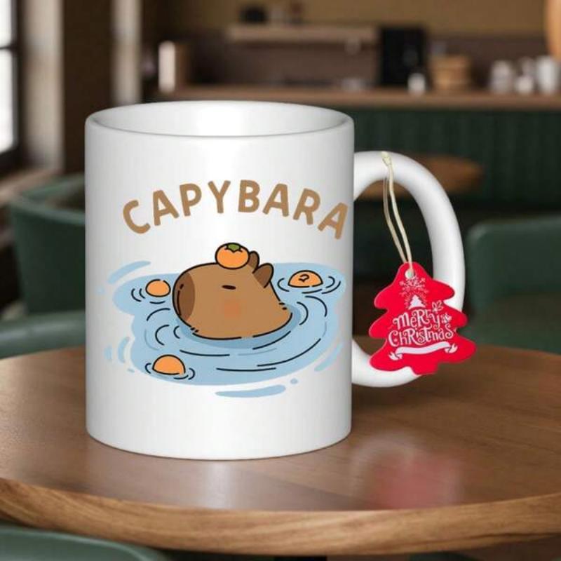 Tailorly White Ceramic 11 oz Mug - Capybara Cute Brown Animal Swimming In Rippling Blue Water With Small Orange Fruits Capybara