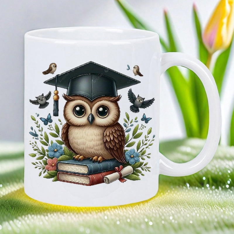 Tailorly White Ceramic 11 oz Mug - Adorable Scholarly Bird Wearing Graduation Cap Sitting Upon Stacked Vintage Books Owl
