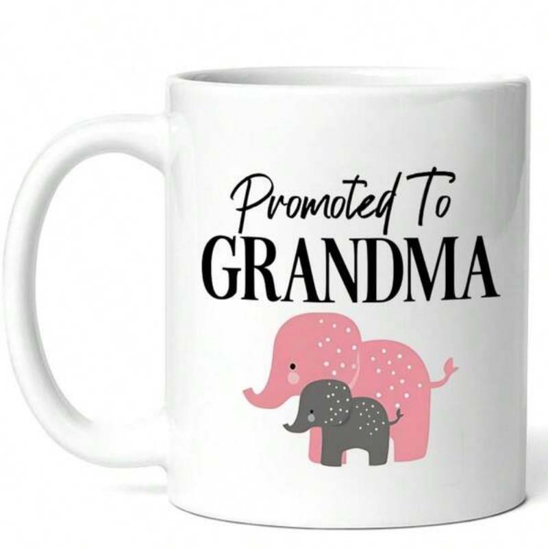 Tailorly White Ceramic 11 oz Mug - Promoted To Grandma Adorable Pink And Grey Cartoon Elephants With Small White Polka Dots Elephant