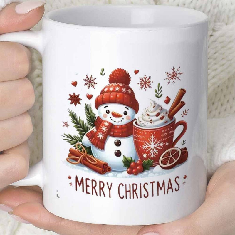 Tailorly White Ceramic 11 oz Mug - Merry Christmas Cheerful Festive Winter Atmosphere Featuring Hot Cocoa And Falling Snowflakes Snowman