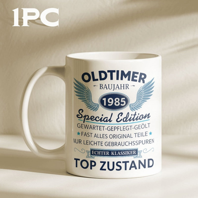 Tailorly White Ceramic 11 oz Mug - Special Edition Classic Blue Wings Flanking Vintage Year Surrounded By Elegant Decorative Borders Badge