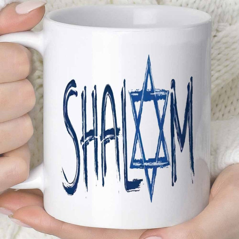 Tailorly White Ceramic 11 oz Mug - Shalom Distressed Blue Artistic Brush Strokes Featuring Religious Cultural Symbol Star Of David