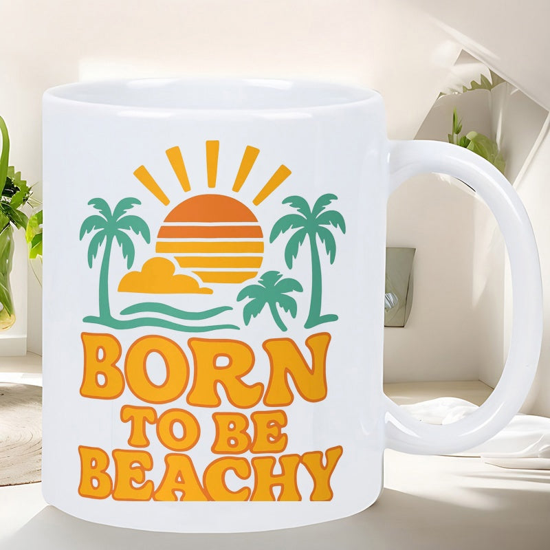 Tailorly White Ceramic 11 oz Mug - Born To Be Beachy Retro Sunset Behind Waves And Silhouetted Tropical Coastal Palm Tree