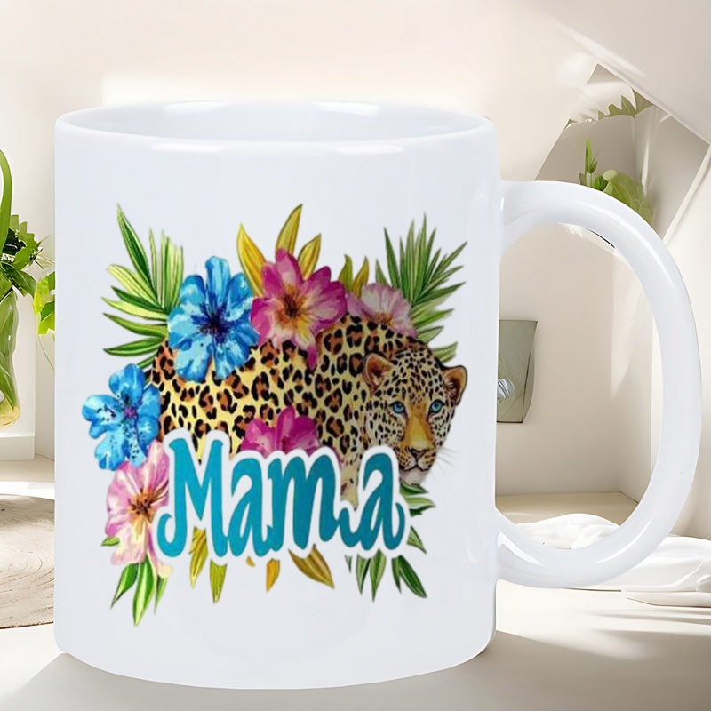 Tailorly White Ceramic 11 oz Mug - Mama Vibrant Exotic Jungle Hibiscus Flowers Nestled Around A Golden Spotted Wildcat Leopard