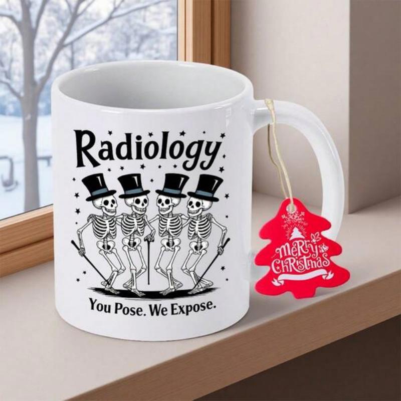 Tailorly White Ceramic 11 oz Mug - Radiology You Pose We Expose Four Joyful Dancing Skeletons Wearing Black Top Hats And Elegant Canes Skeleton