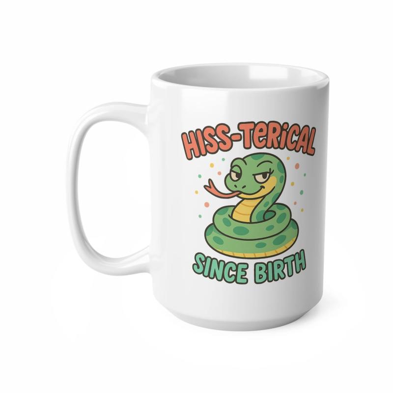 Tailorly White Ceramic 11 oz Mug - Hiss Terical Since Birth Coiled Green Cartoon Serpent Among Tiny Magical Sparkling Shining Stars Snake